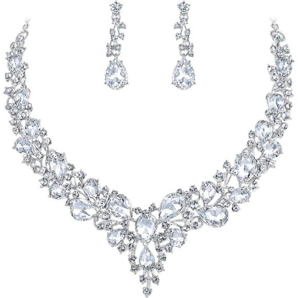 Women’s Austrian Crystal Teardrop Statement Necklace & Earrings Set